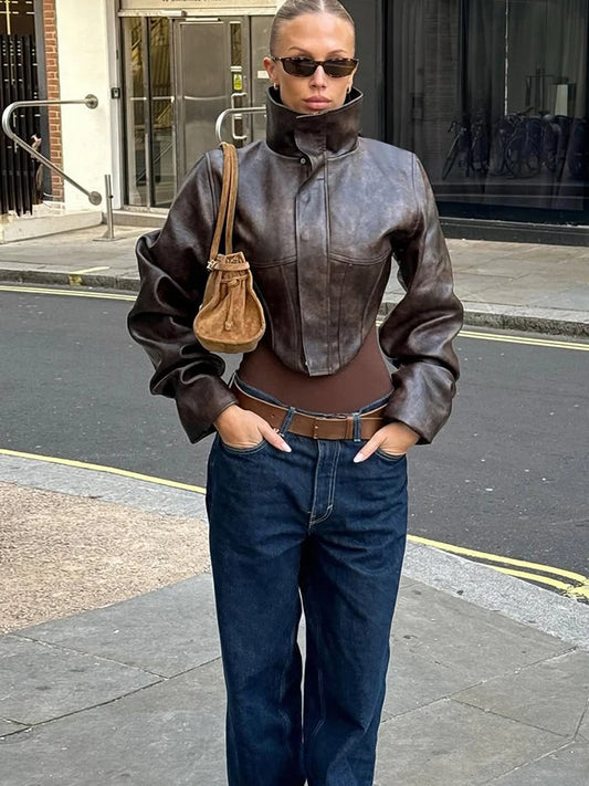 Women's Cropped Turtleneck PU Jacket with Zipper and Button Details