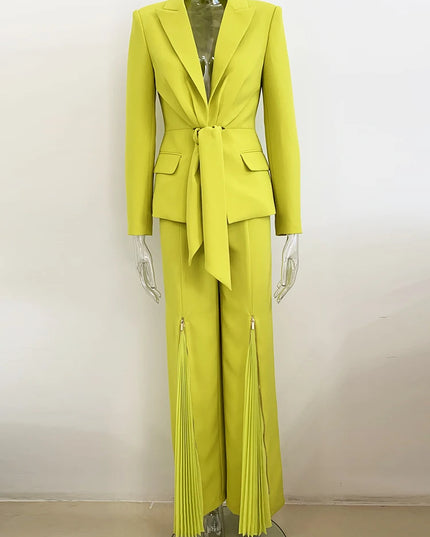 Women's Two-Piece Lacing Belt Blazer and Pleated Zip Pants Set | Stylish Women's Suit for Office & Casual Wear