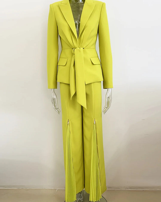Women's Two-Piece Lacing Belt Blazer and Pleated Zip Pants Set | Stylish Women's Suit for Office & Casual Wear