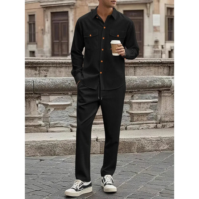 Men's Two-Piece Corduroy Casual Suit – Long-Sleeved Shirt and Long Pants Set