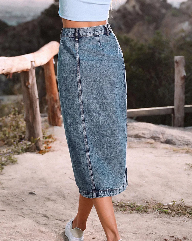 Elegant Women's Denim Skirt - High Waist Button Skirt with Side Split