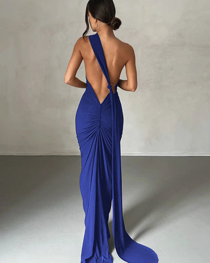 Hugcitar Adjustable Backless Ruched Dress with Single Shoulder and Scarf Loop for Women