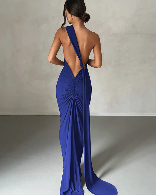 Hugcitar Adjustable Backless Ruched Dress with Single Shoulder and Scarf Loop for Women