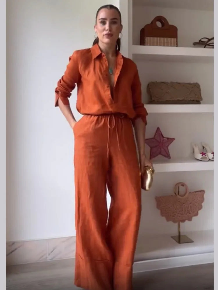 Women's 2-Piece Cotton Linen Drawstring Pants and Lapel Long Sleeve Shirt Set