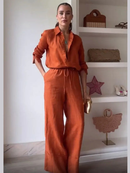 Women's 2-Piece Cotton Linen Drawstring Pants and Lapel Long Sleeve Shirt Set