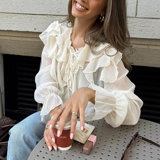 Women's Lace-Up Ruffled V-Neck Long Sleeve Sheer Blouse