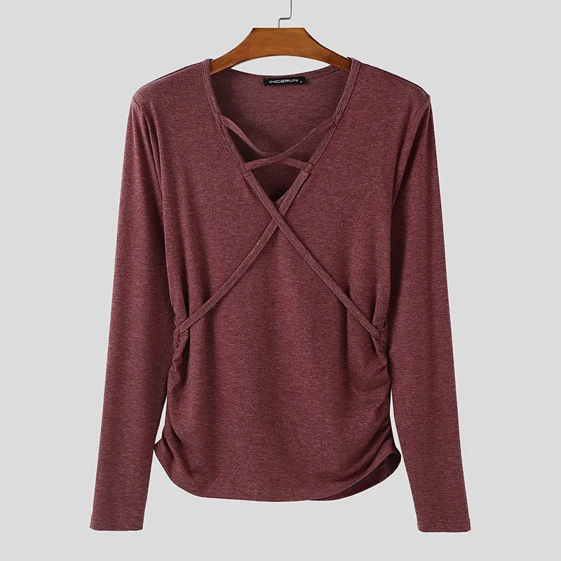 Incerun Men's V-Neck Long Sleeve Pleated Streetwear Top – Trendy Casual Urban Fashion for Men