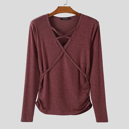 Incerun Men's V-Neck Long Sleeve Pleated Streetwear Top – Trendy Casual Urban Fashion for Men