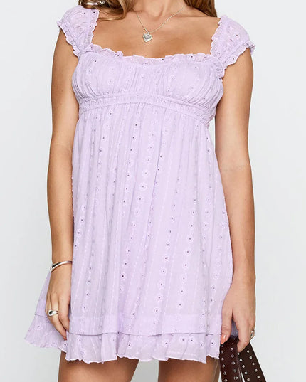 Women's Mini Dress with Low Cut, Floral Embroidery, and Ruffle Trim