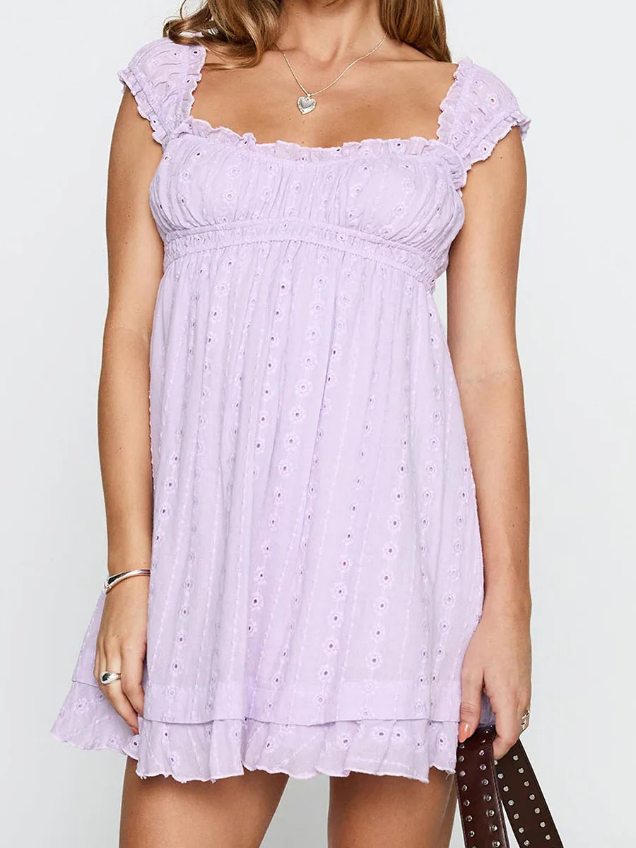 Women's Mini Dress with Low Cut, Floral Embroidery, and Ruffle Trim