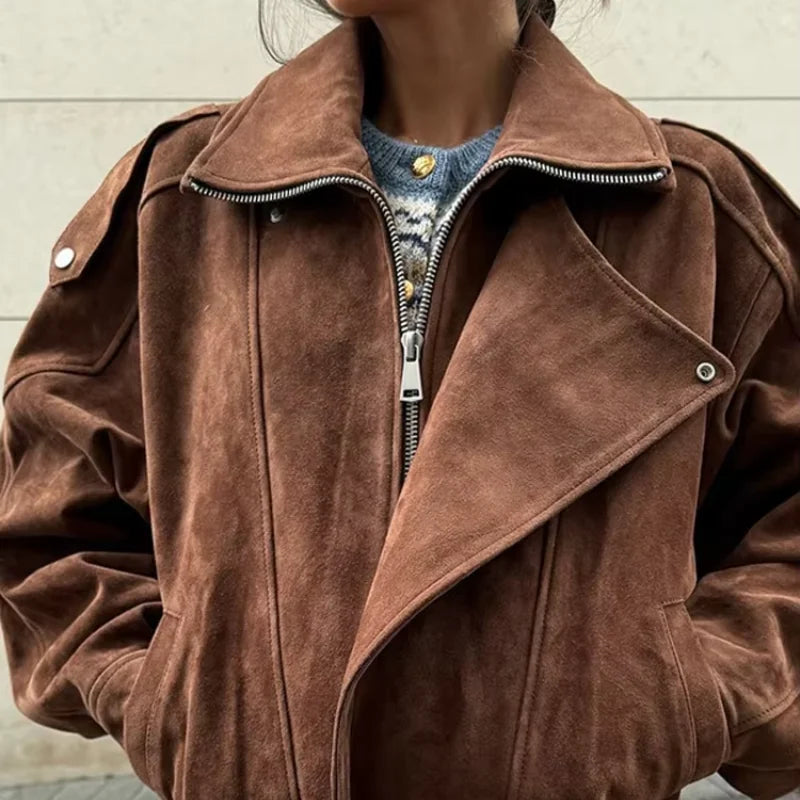 Women's Faux Suede Cropped Jacket with Vintage Lapel & Zipper