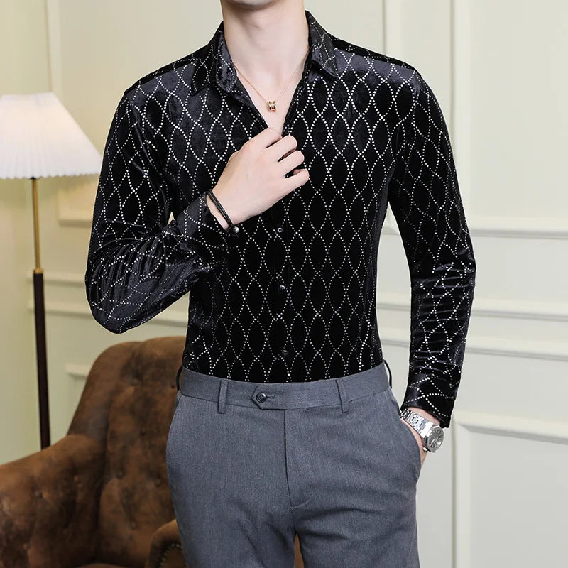 Luxury Velvet Men's Slim Fit Shirt with Grid Pattern