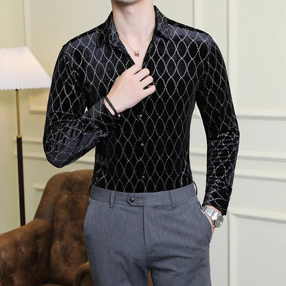 Luxury Velvet Men's Slim Fit Shirt with Grid Pattern