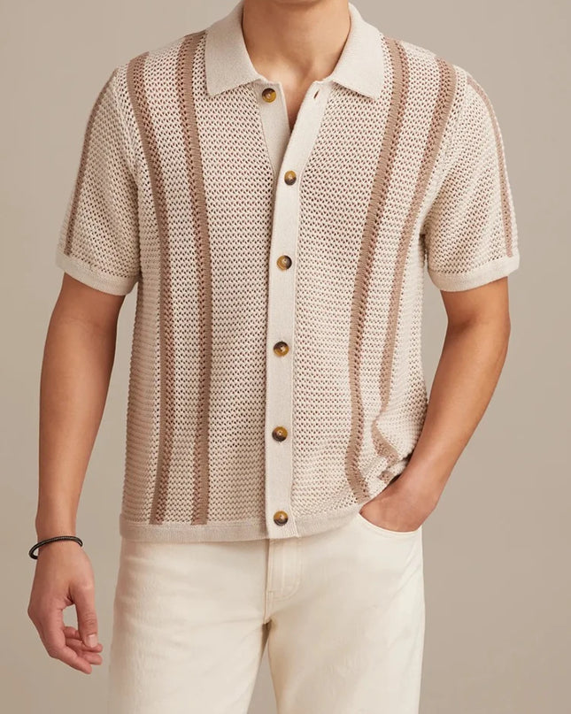 Men's Striped Knitted Shirt with Casual Button-Down Turn-Down Collar