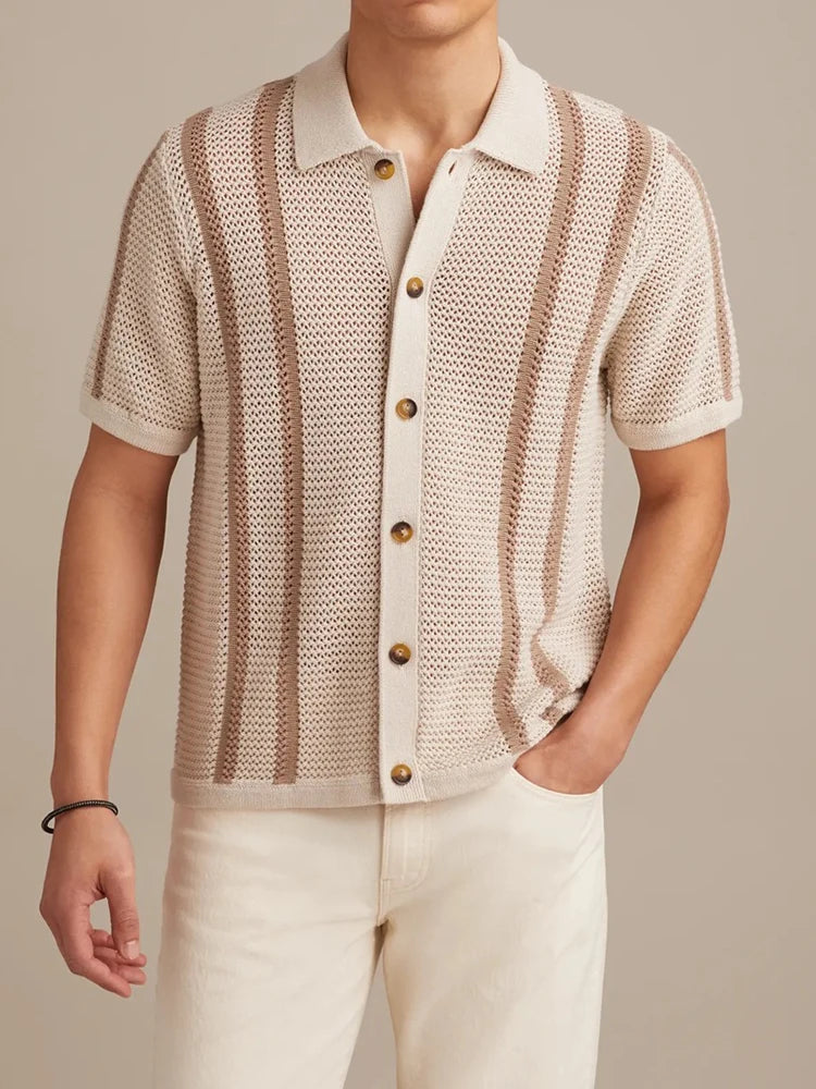 Men's Striped Knitted Shirt with Casual Button-Down Turn-Down Collar