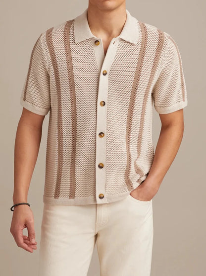 Men's Striped Knitted Shirt with Casual Button-Down Turn-Down Collar