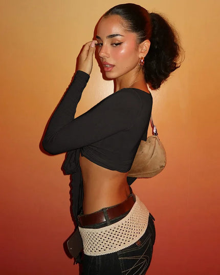 Slim Lace-Up V-Neck Crop Top with Long Sleeves