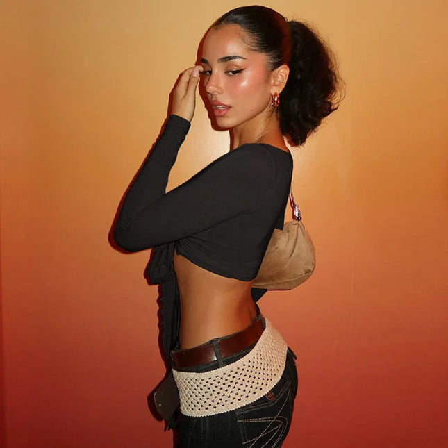 Slim Lace-Up V-Neck Crop Top with Long Sleeves