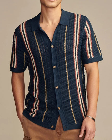 Men's Stylish Knitted Short Sleeve Striped Shirt with Lapel and Button Closure