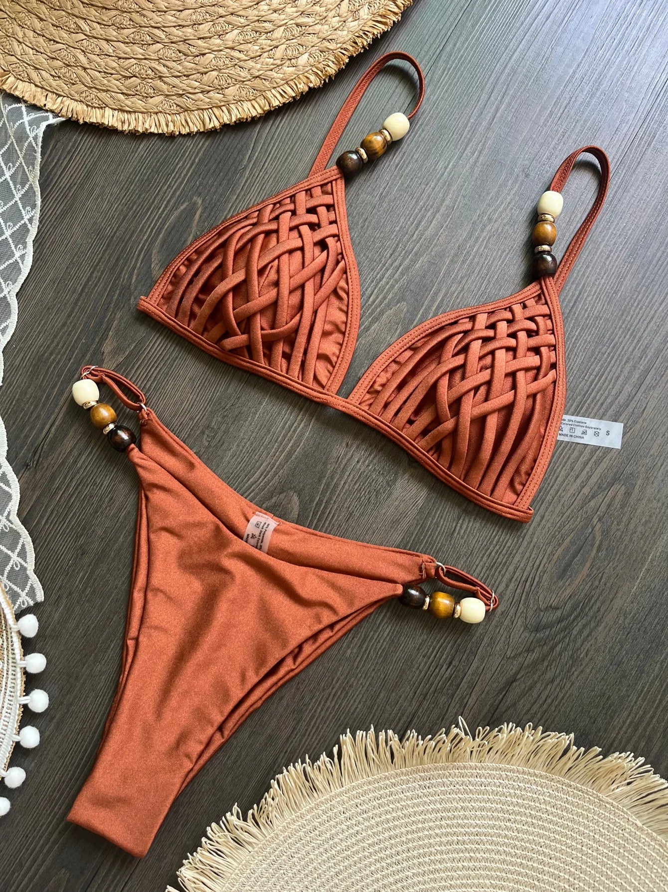 Women's Pearl Strap Bikini with Push-Up Top and Hole Out Design