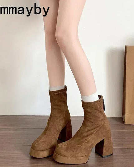 Ohmmayby Stylish Women’s Ankle Boots with Platform Square High Heels