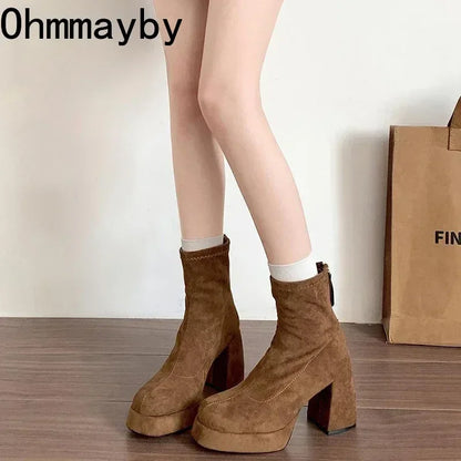 Ohmmayby Stylish Women’s Ankle Boots with Platform Square High Heels