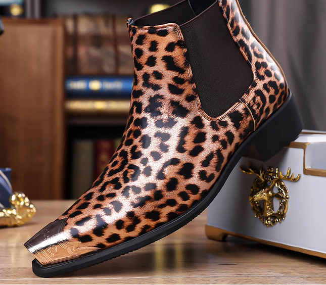 Men's Faux Leather Leopard Print Boots