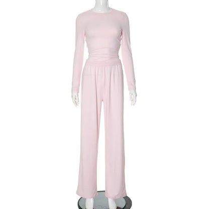 Women's Two-Piece Pleated Casual Sweater Set with Round Neck Long Sleeve Top & High-Waisted Wide Leg Pants