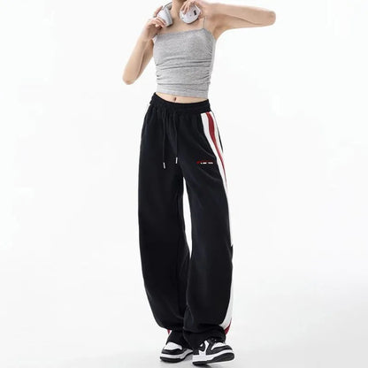 Women's Elastic Waist Side Stripe Sweatpants - Loose Fit, Straight Wide Leg Joggers