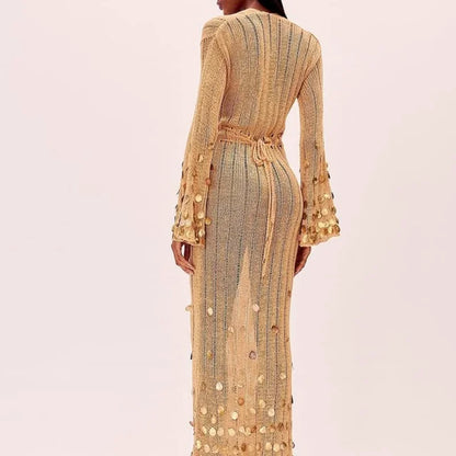 Women's Sequin Knitted Maxi Dress - Deep V Neck Lace-Up High Waist Robe with Sheer Panels
