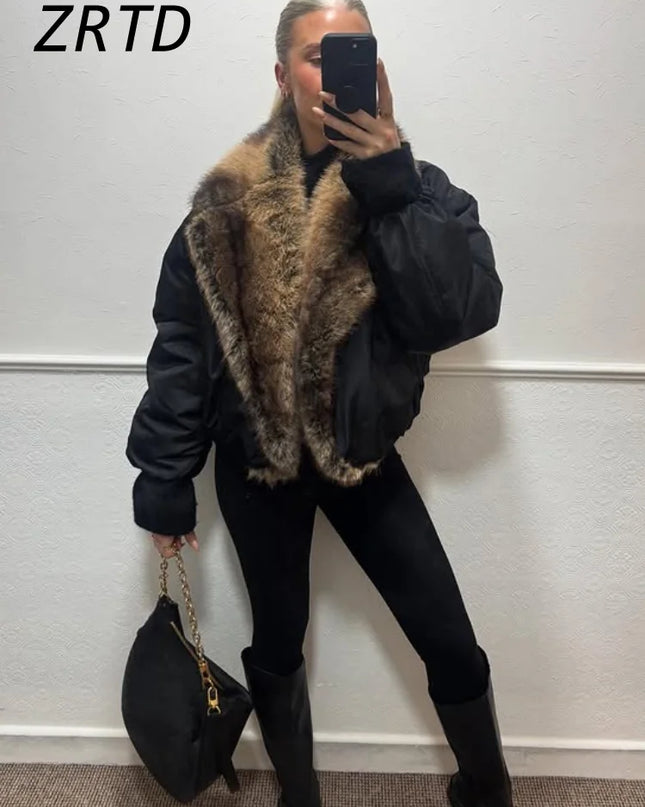ZRTD Women's Faux Fur Patchwork Cropped Loose Lapel Jacket/Vest