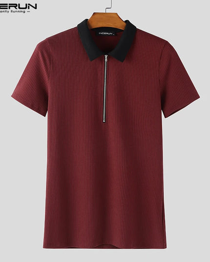 Incerun Men's Knitted T-Shirt with Lapel, Short Sleeve, and Zipper