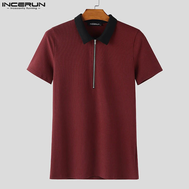 Incerun Men's Knitted T-Shirt with Lapel, Short Sleeve, and Zipper