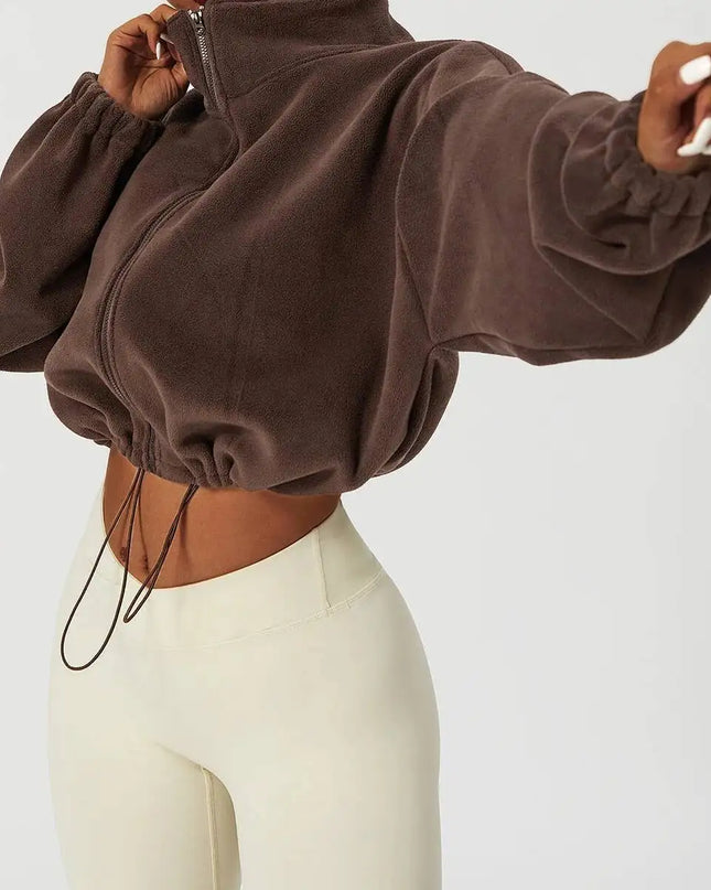 Women Crop Coat   Casual Fleece Jacket   With Stand Collar Loose Lined Outerwear
