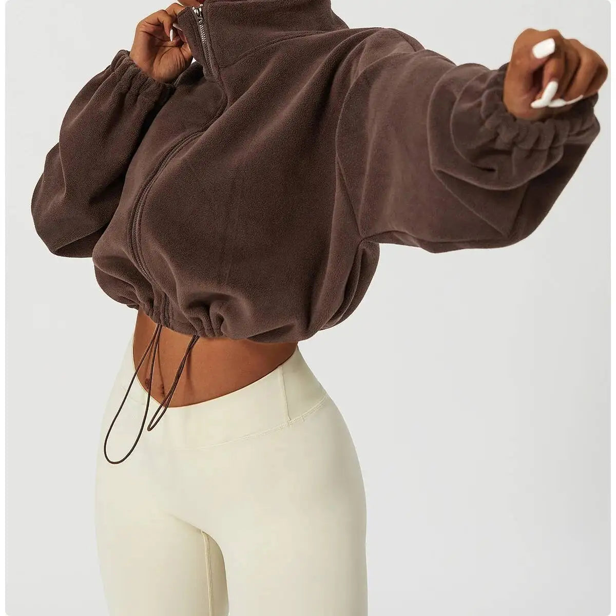Women Crop Coat   Casual Fleece Jacket   With Stand Collar Loose Lined Outerwear
