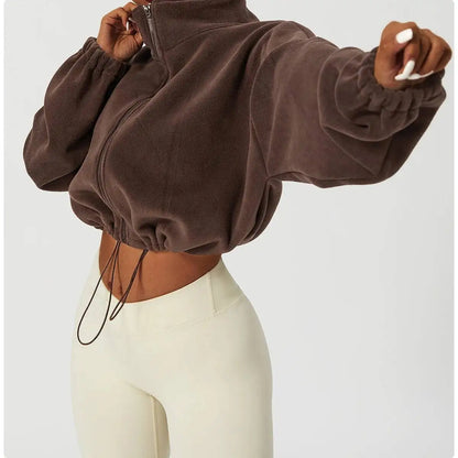 Women Crop Coat   Casual Fleece Jacket   With Stand Collar Loose Lined Outerwear