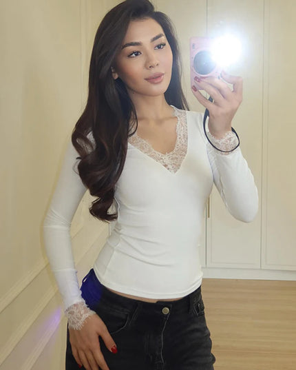 Women's V-Neck Lace Spliced Blouse - Elegant Women's Top
