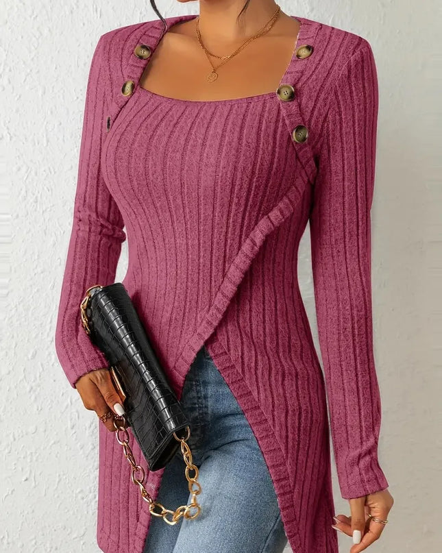 Women's Asymmetrical Hem Ribbed Casual Tunic with Button Detail