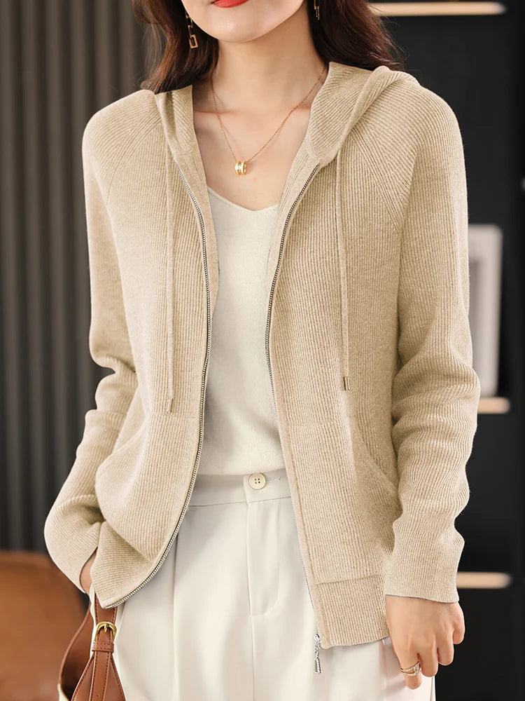 Women's Wool Blend Hoodie Sweater - Thick Knitted Zipper Cardigan with Hood