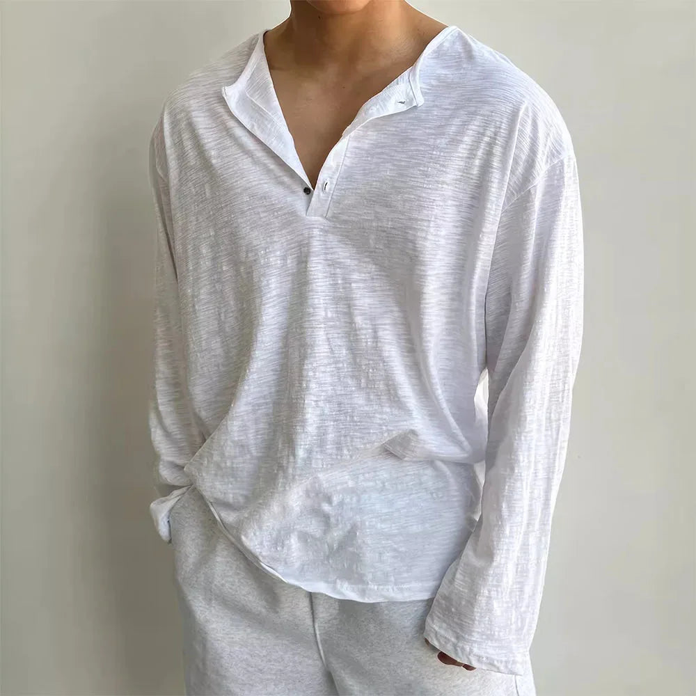 Cotton Men's Long Sleeve Loose Fit Sweater with Quarter Button Closure