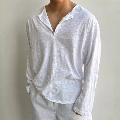 Cotton Men's Long Sleeve Loose Fit Sweater with Quarter Button Closure