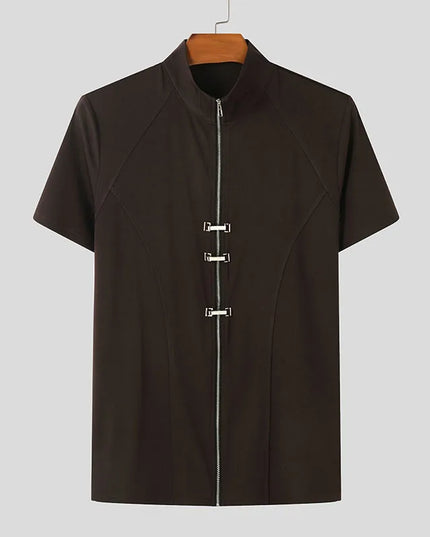 INCERUN Men's Slim Fit T-Shirt with Metal Buckle Detail & Zipper