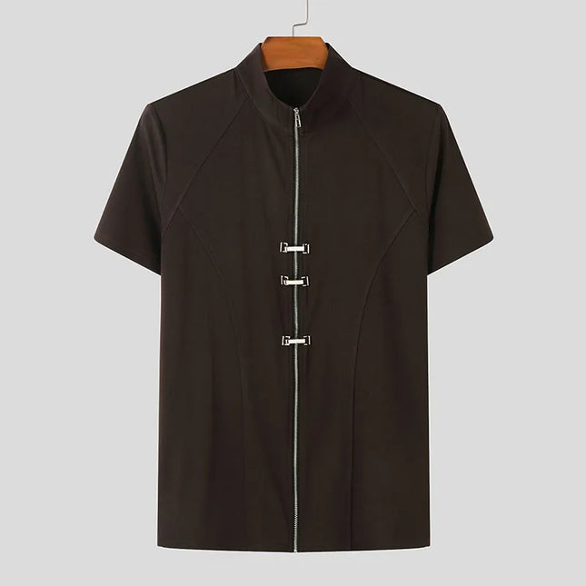 INCERUN Men's Slim Fit T-Shirt with Metal Buckle Detail & Zipper