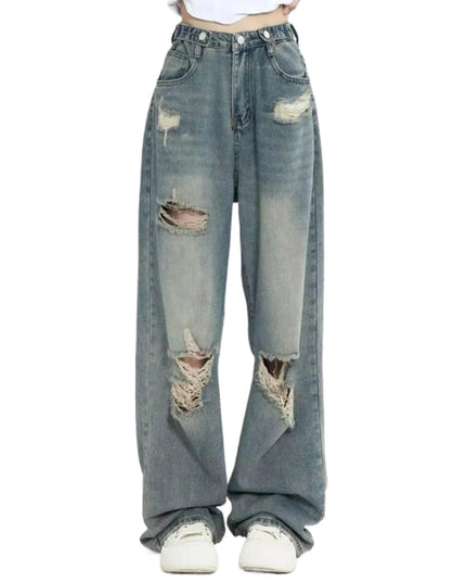 Women's Retro High-Waisted Loose Straight-Leg Jeans with Hole Punched Design