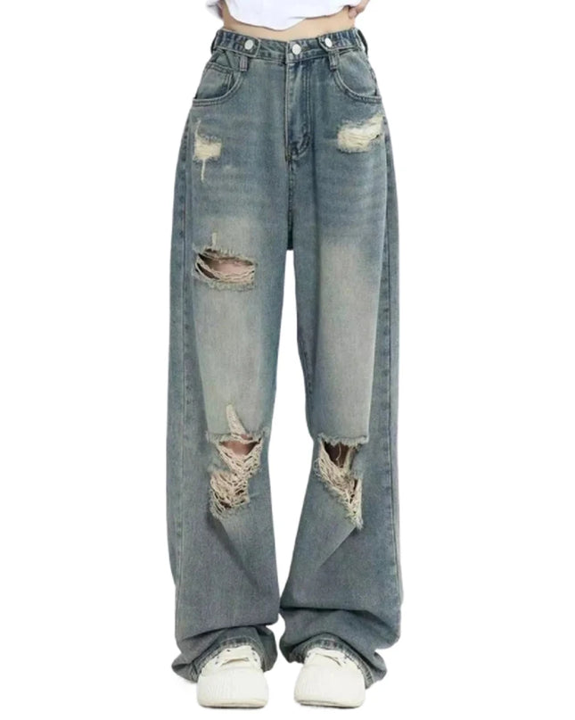 Women's Retro High-Waisted Loose Straight-Leg Jeans with Hole Punched Design