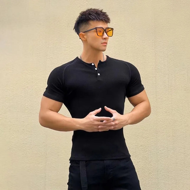 Men's Slim Fit Muscle T-Shirt - Half Button O-Neck