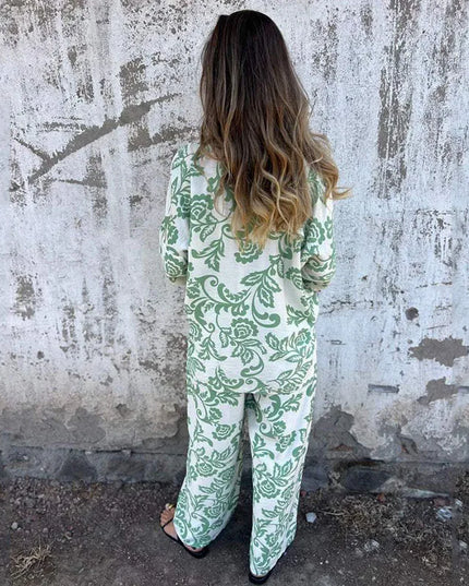 Women's Vintage Two-Piece Set: Turndown Collar Long Sleeve Shirt & Elastic High-Waist Loose Casual Pants