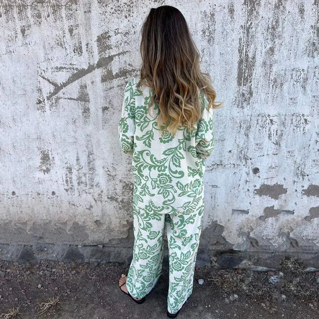Women's Vintage Two-Piece Set: Turndown Collar Long Sleeve Shirt & Elastic High-Waist Loose Casual Pants