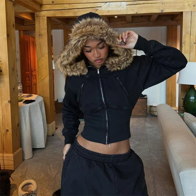 Women's Cropped Hooded Jacket with Faux Fur Trim, Fitted Style, Long Sleeves, and Zipper Closure