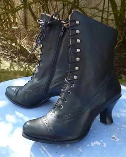 Lace-Up Women's High Heeled Boots with Pointed Toe and Thick Sole